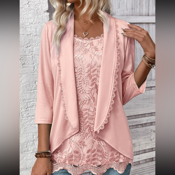 MODLILY ® Light Pink 3/4 Sleeve Fake Two Piece Twinset size L - Picture 4 of 7